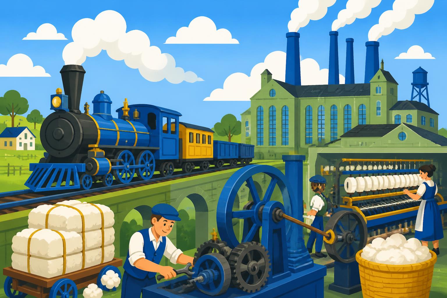 Illustrazione di una locomotiva a vapore, una fabbrica con ciminiere e operai al lavoro su telai meccanici